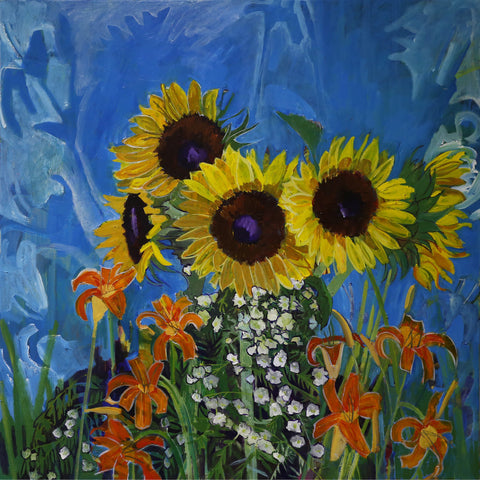 Lila Bacon Floral Painting on Canvas Sunflowers in Turquoise