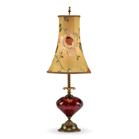 Frankie Table Lamp, Kinzig Design, Gold, Burgundy, Green, Blown Glass, Silk Shade, Artistic, Artisan-Crafted Table Lamps