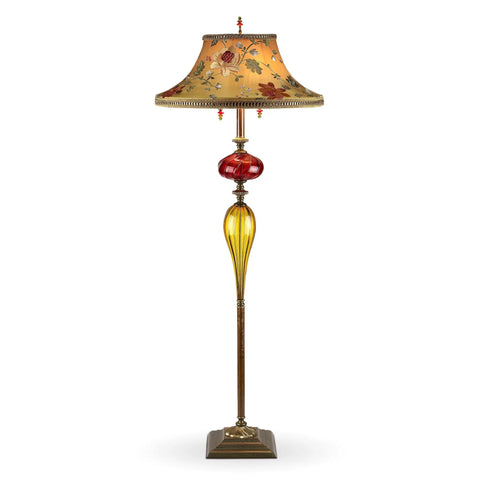 Kinzig Design Freddy Floor Lamp Gold, Red, Rose, Salmon, Green, Blown Glass, Silk Shade, Artistic Artisan Designer Table Lamps