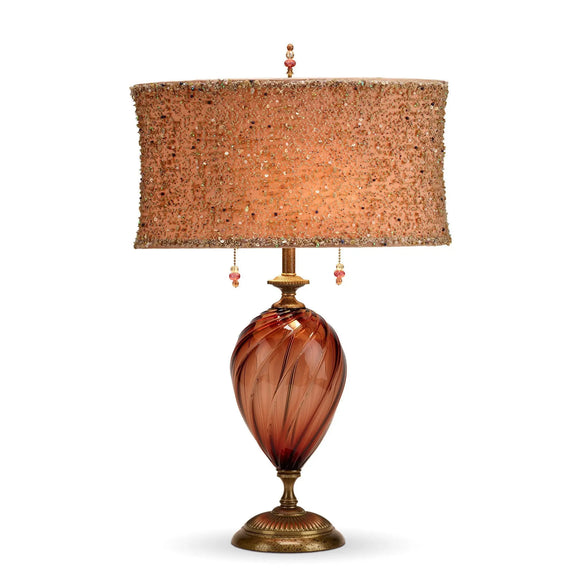 Linda Table Lamp, Kinzig Design, Burgundy, Peach, Beaded Overlay, Blown Glass, Silk Shade, Artistic Artisan Designer Table Lamps