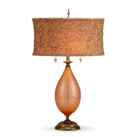 Margie Table Lamp, Kinzig Design, Peach, Shade with Beaded Overlay, Blown Glass, Silk Shade, Artistic Artisan Designer Table Lamps