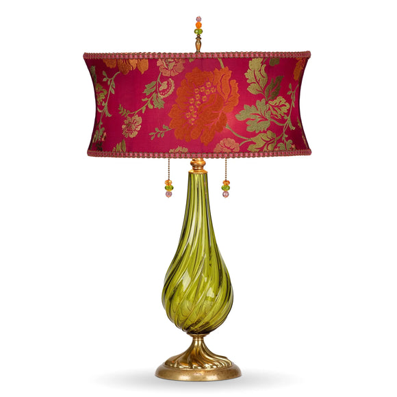 Margot Table Lamp 72S76 by Kinzig Design, Green, Fuchsia, Red, Salmon Blown Glass, Silk Shade