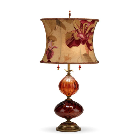 Mariola Table Lamp, Kinzig Design, Burgundy, Salmon, Blown Glass, Silk Shade, Artistic Artisan Designer Table Lamps