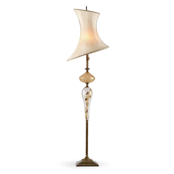 Kinzig Design McKenna Floor Lamp Cream, Gold, Brown, Blown Glass, Silk Shade, Artistic Artisan Designer Floor Lamps