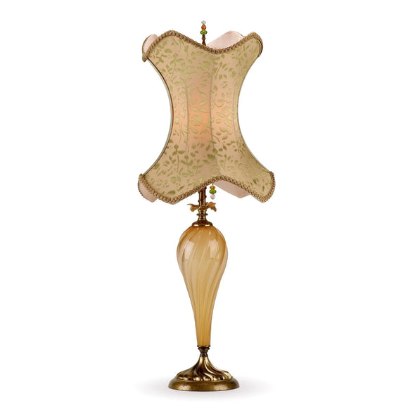 Melissa Table Lamp, Kinzig Design, Caramel Glass, Soft Green, Blown Glass, Silk Shade, Artistic Artisan Designer Table Lamps