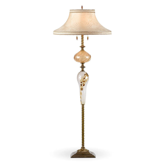 Kinzig Design Steve Floor Lamp Cream, Gold, Brown, Blown Glass, Silk Shade, Artistic Artisan Designer Floor Lamps