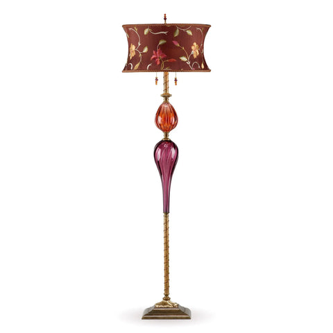 Kinzig Design Victor Floor Lamp Brown, Fuchsia, Salmon, Purple, Blown Glass, Silk Shade, Artistic Artisan Designer Floor Lamps